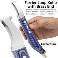Farrier Hoof Knife Set 2pc Loop Knife Brass End Blue Wood Handle Horse Goat Cow