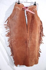 Riding Chaps Red Leather w/Fringe Size Med Thigh 23” (More Size in descrp)
