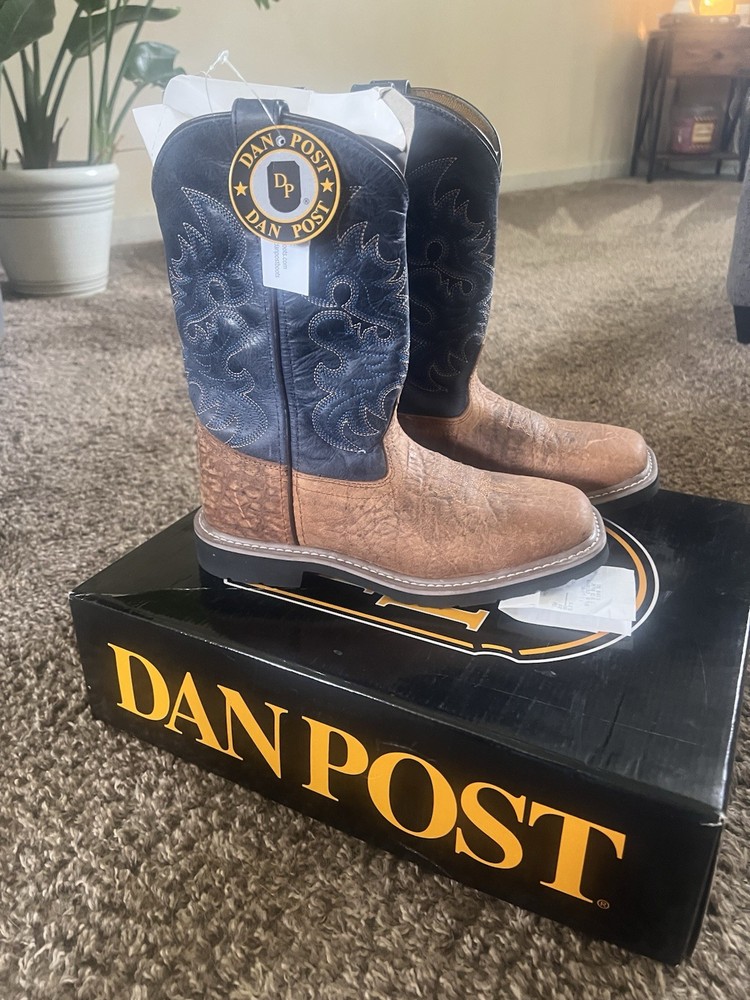 Dan Post Pull-On Western Cowboy Boots Brown Foot Blue Shaft With Box