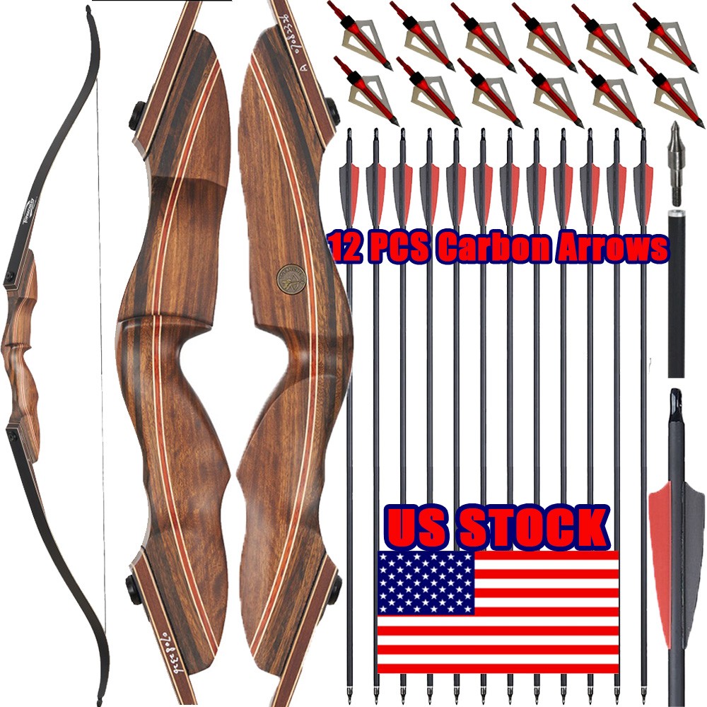 60″ Takedown Recurve Bow 25-60lbs 12x Arrows Wooden Archery Adult Target Hunting