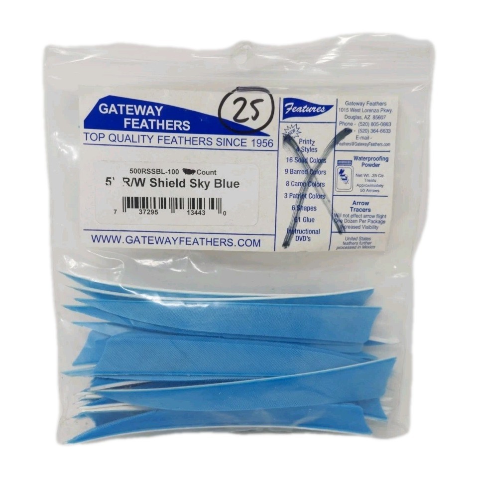 25 Count Gateway Archery Arrow Feathers 5″ Right Wing: Shield Sky Blue
