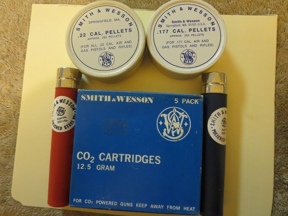 Smith and Wesson air gun accessories. Pellets, co2,(1970s) and B-Bs (later prod)