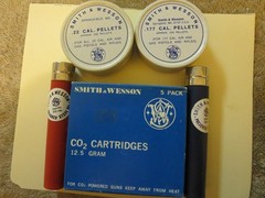 Smith and Wesson air gun accessories. Pellets, co2,(1970s) and B-Bs (later prod)