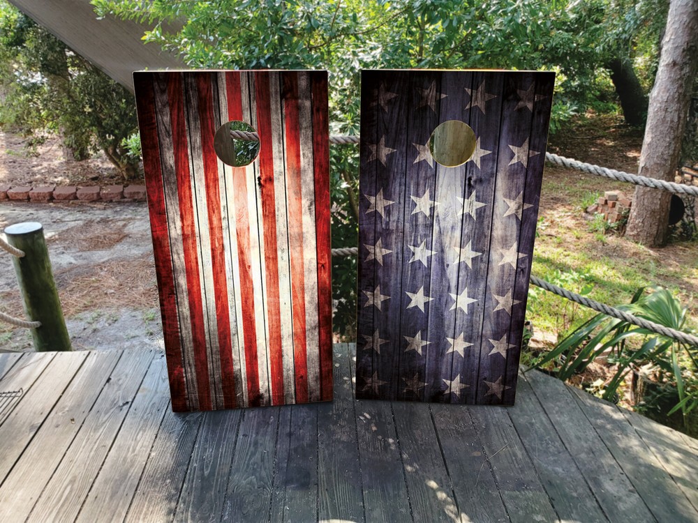 Rustic American Flag Cornhole Wrap Set – Laminated Vinyl – Fadeproof and Durable