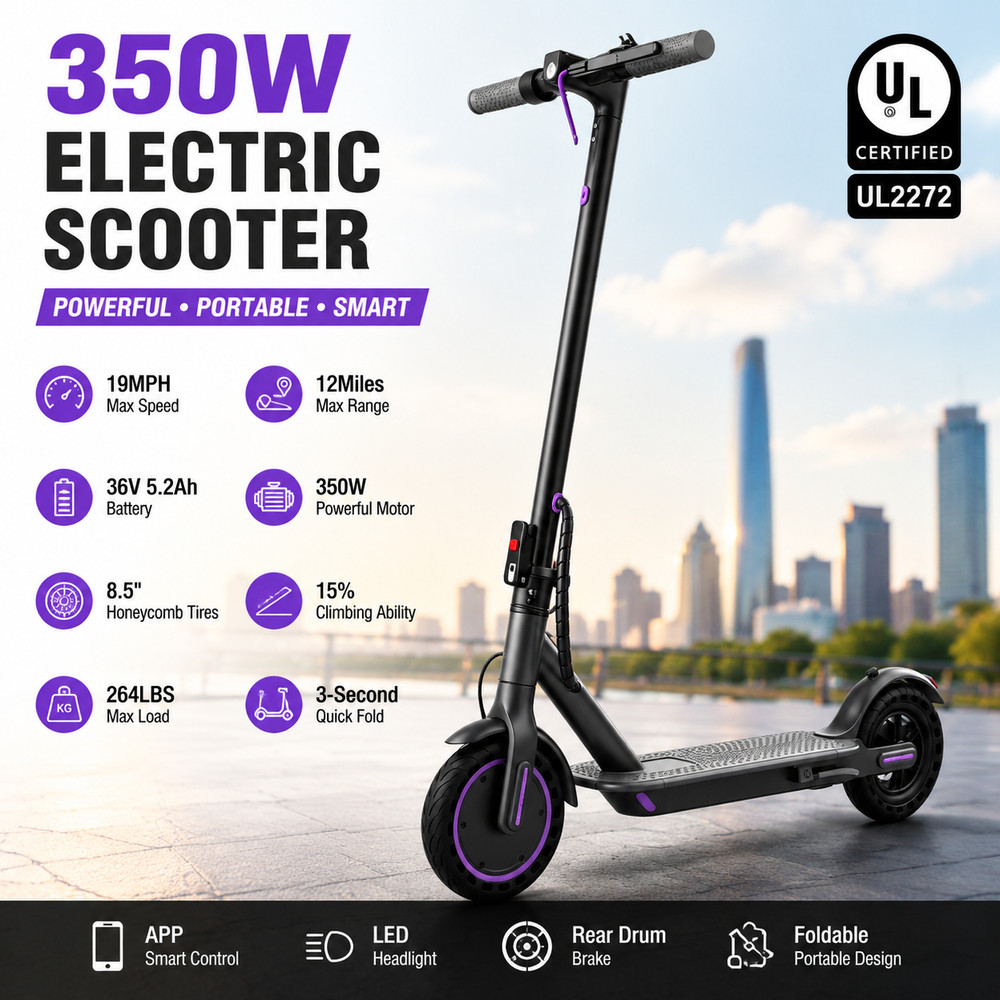 350W Electric Commuter Scooter 19MPH 36V 5.2Ah Folding Lightweight E-Scooter App