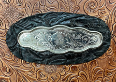 CHESTNUT FLORAL LEATHER 2″ 3 RING BINDER BLACK TRIM ALPACA SILVER CONCHO