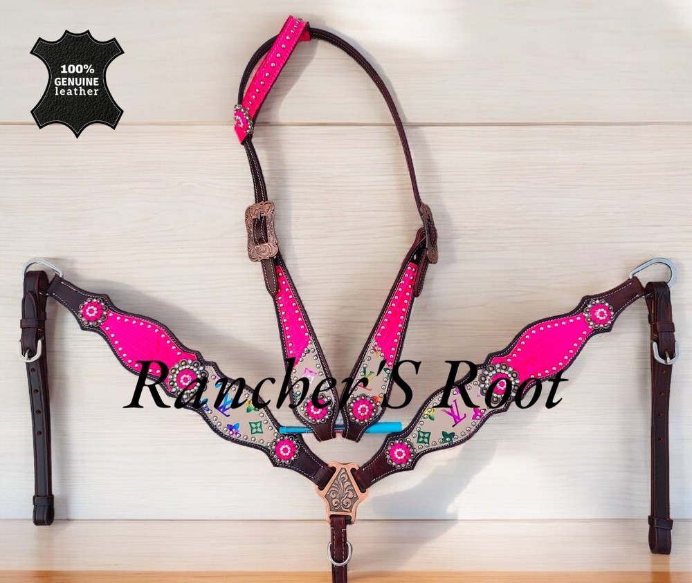 Western Horse Leather Tack Set | Pink Gator With White Multicolor Tack Set