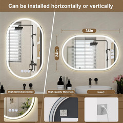 Dimmable 36×24 LED Oval Bathroom Mirror with Anti-Fog & Memory Function