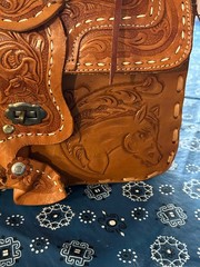 Vintage Leather Horse Saddle Crossbody Shoulder Bag Tooled Western