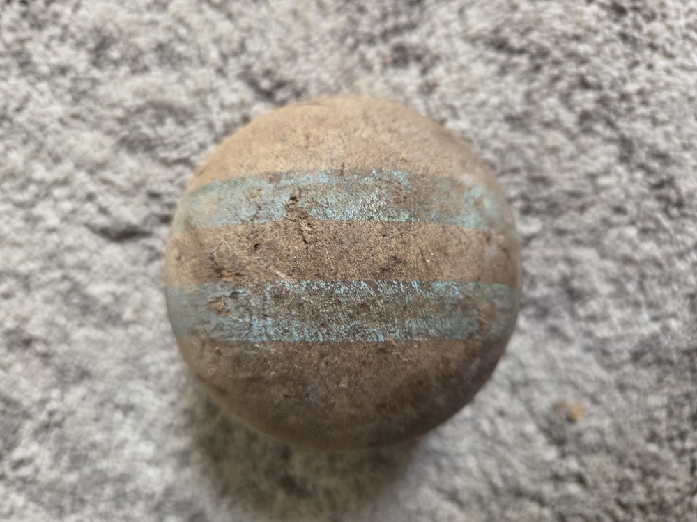 Vintage Wooden Croquet/Skee/ Bocce Ball With 2 Blue Stripes About 3.5″