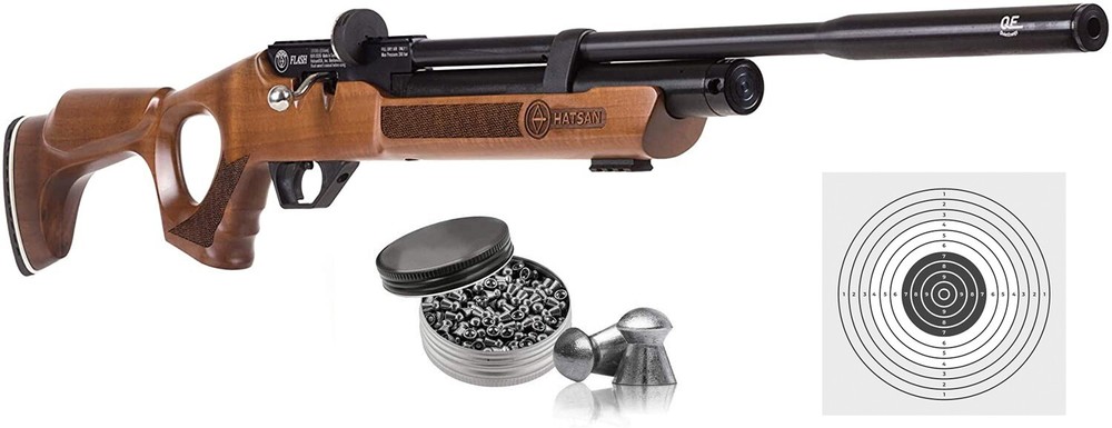 Hatsan Flash Wood QE .25 Cal PCP Air Rifle with 150x Pellets and Targets Bundle