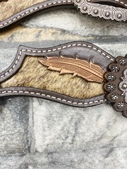 Western Women’s Spur Strap Set with Leather Leaves on Cowhide, Raw Metal Concho