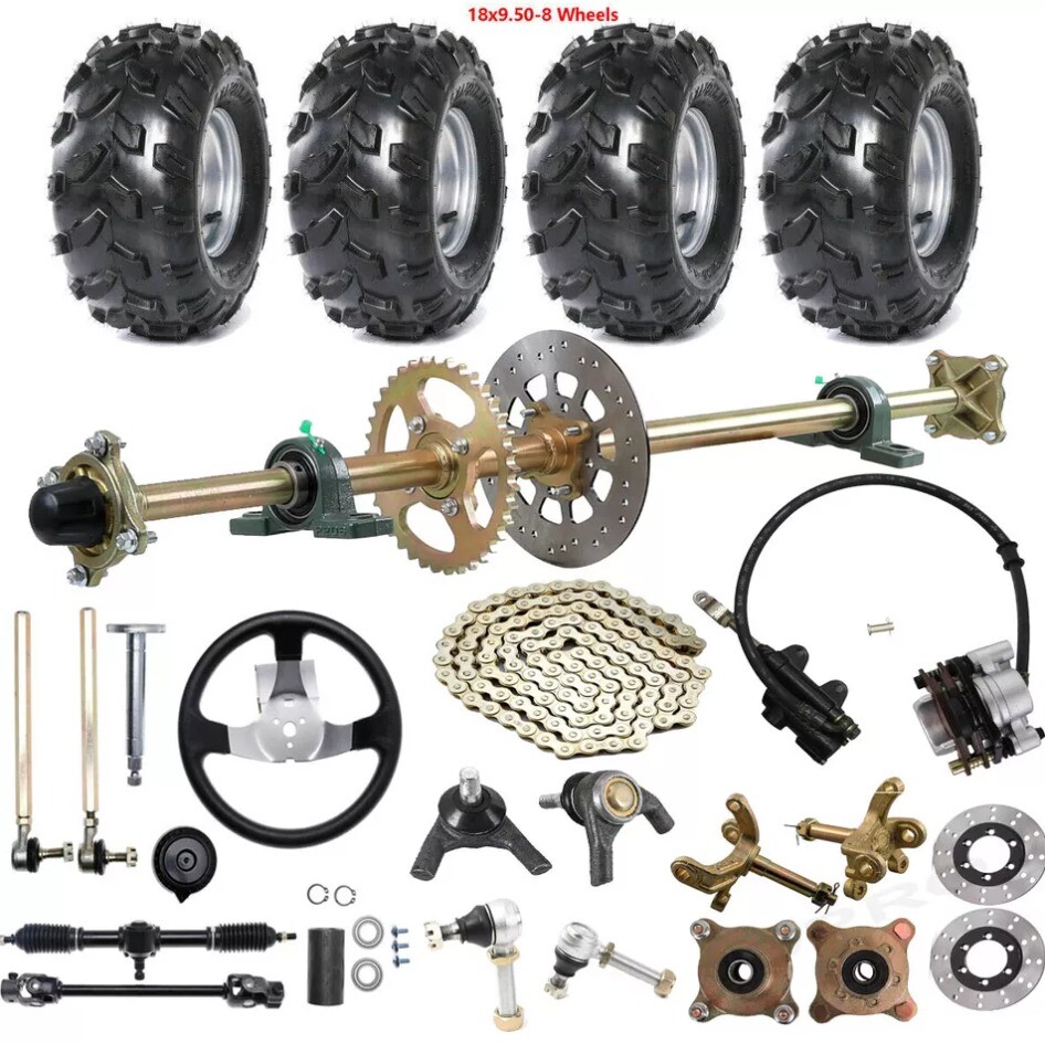 44in Rear Axle Kit + Front Steering End Tie Rod&8″ Wheels Golf Cart Quad Go Kart