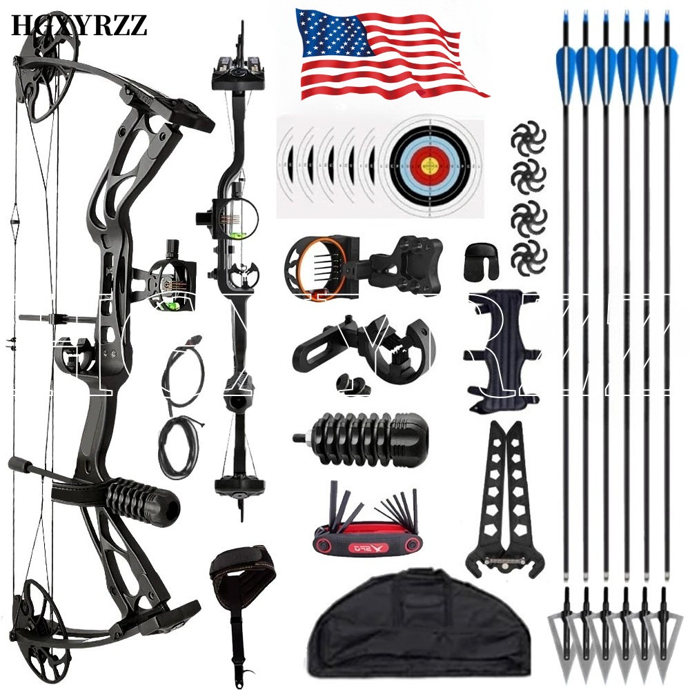 0-70lbs Compound Bow Set 320FPS Sight Carbon Arrows Feathers Shoting Archery
