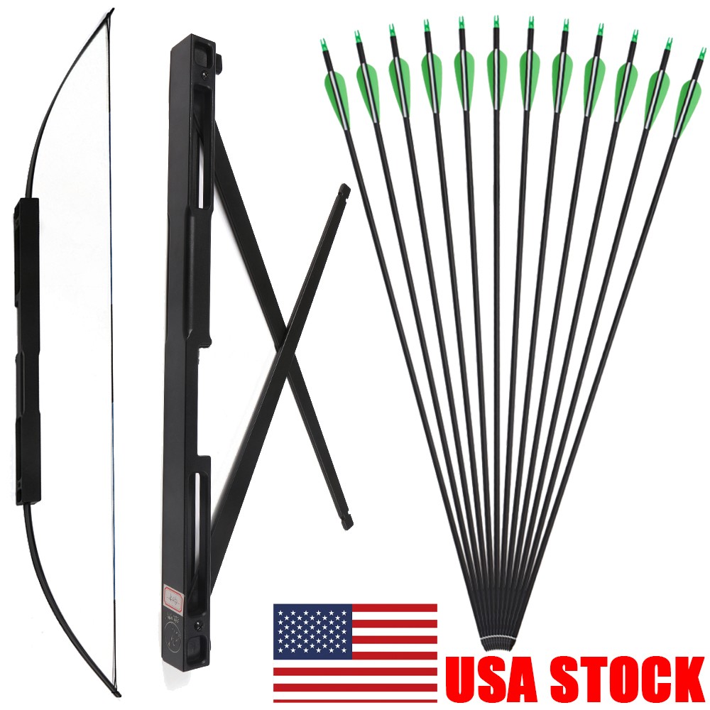 60″ Folding Bow Longbow 40/60lbs Portable Archery Outdoor Hunting Carbon Arrows