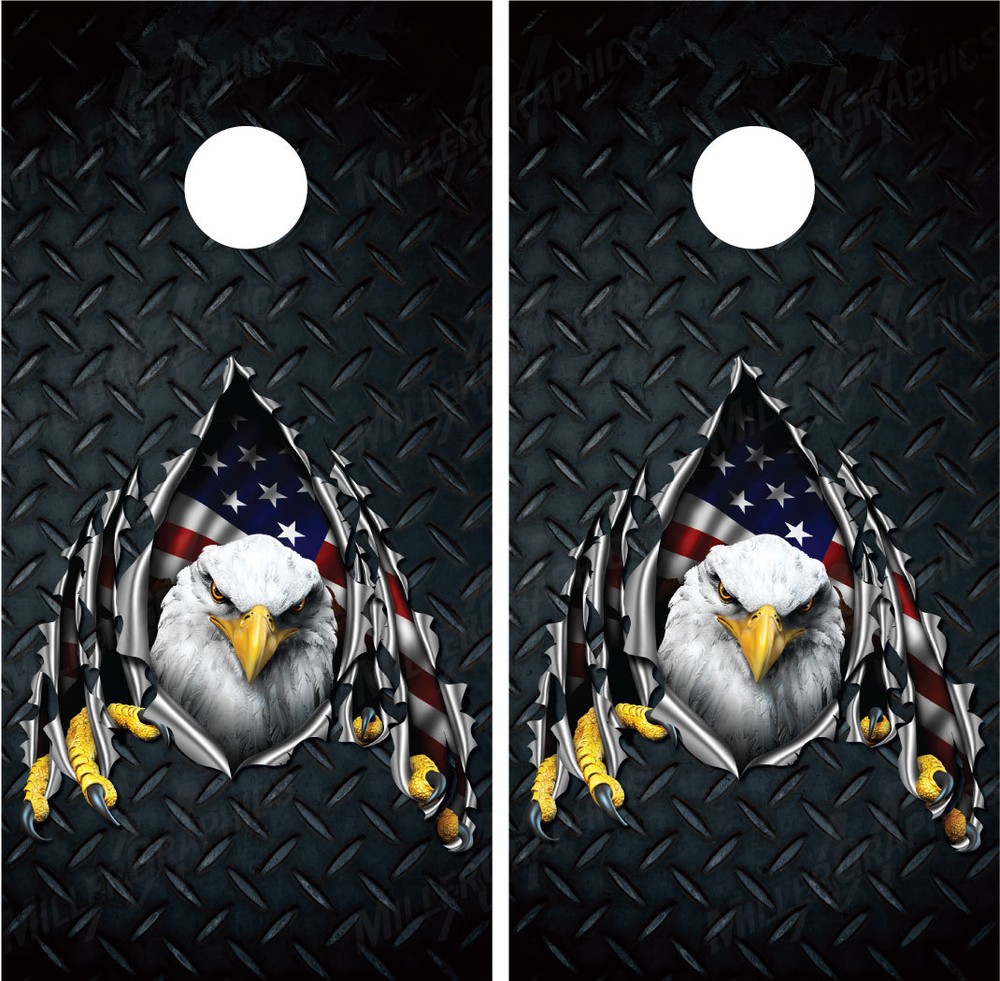 Bald Eagle Rippled Metal Diamond Plate #2 Cornhole Board Wraps Decals Graphics
