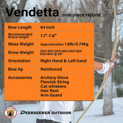 Deerseeker 64″ Reflex Deflex Hybrid Long Bow – Right/Left Hand, 25-60Lbs