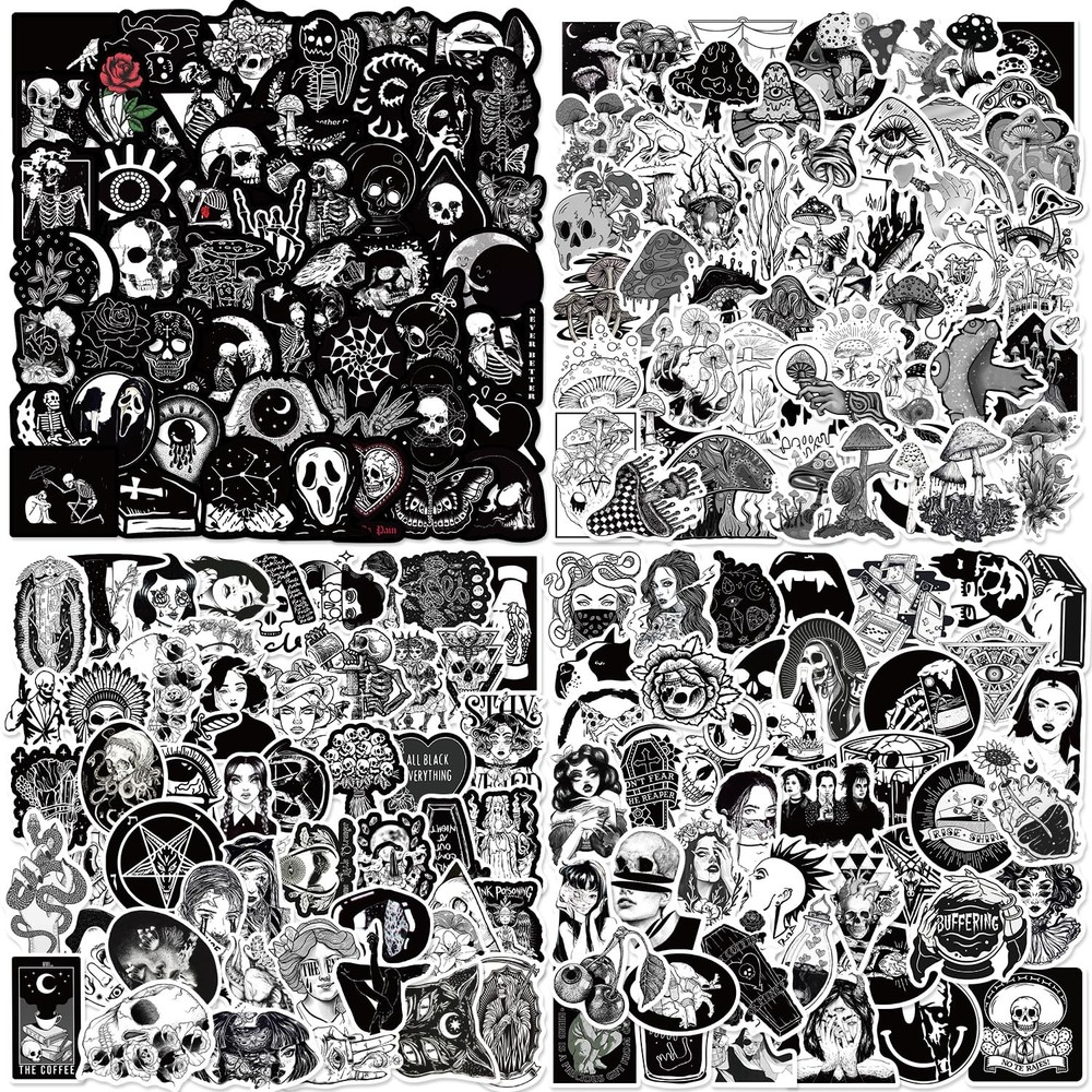 200 Pcs Black and White Gothic Stickers Waterproof Decals for Water Bottles