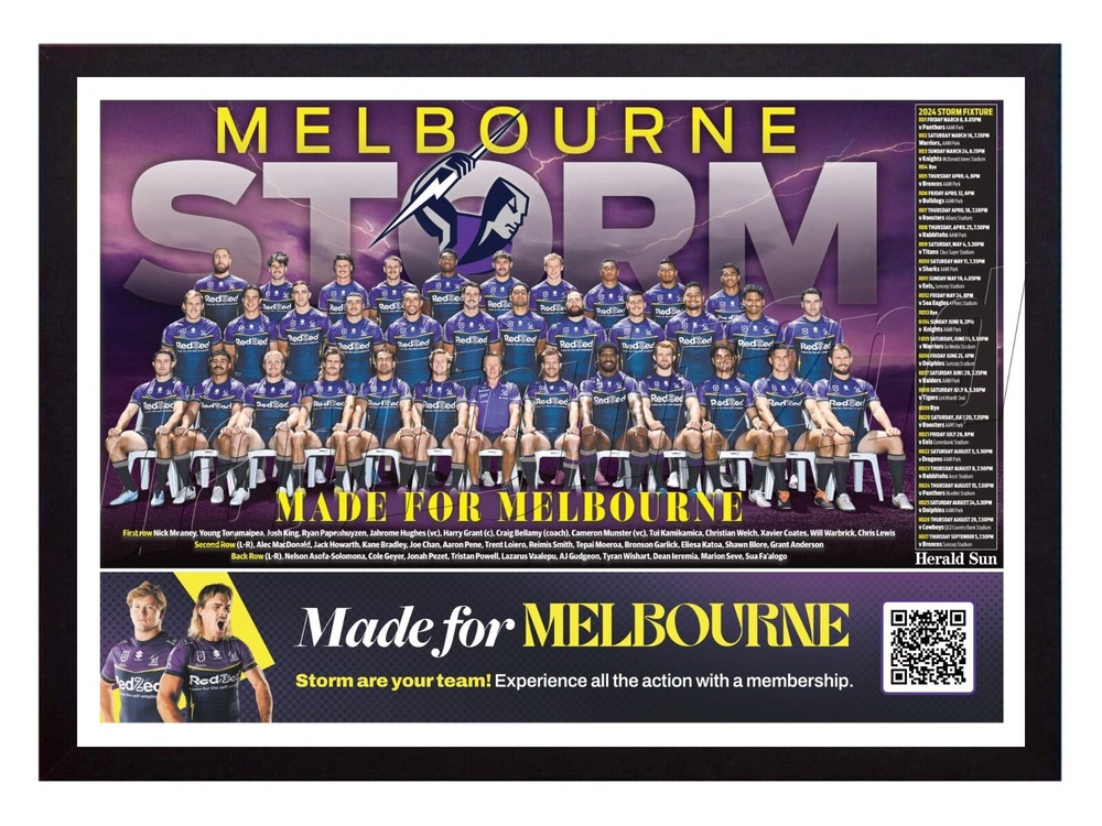Framed 2024 Melbourne Storm NRL Poster – 62cm x 44.5cm x 3cm