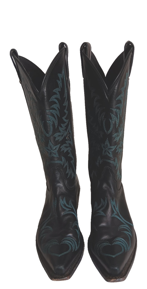 Vtg. Tony Lama Women’s Western Boots Black Turquoise Flame Design 8 1/2 B USA