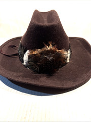 Cowboy Hat Brown Wool Rayon Felt Feather Band Size 7.5-60 WPL 5923 Vintage