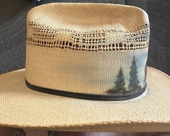 Vintage 80s Painted Straw Cowboy Hat 7 1/2 XL Elk Mountain Landscape Made in USA