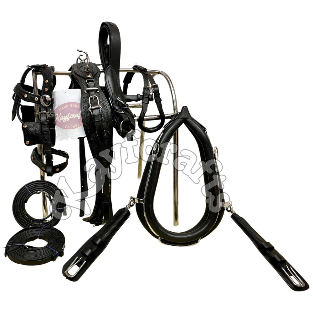 Black Leather Horse Driving Harness with Collar Complete set for Single horse