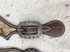 Western Women’s Spur Strap Set with Leather Leaves on Cowhide, Raw Metal Concho