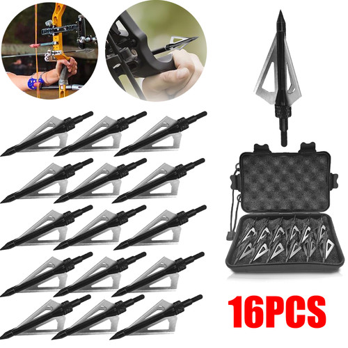 16Pcs Archery Broadheads 3Blade 100Grain Hunting Crossbow Compound Bow Arrow Tip