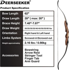 Recurve Bow 62 Takedown 20-60 lbs Deerseeker Archery