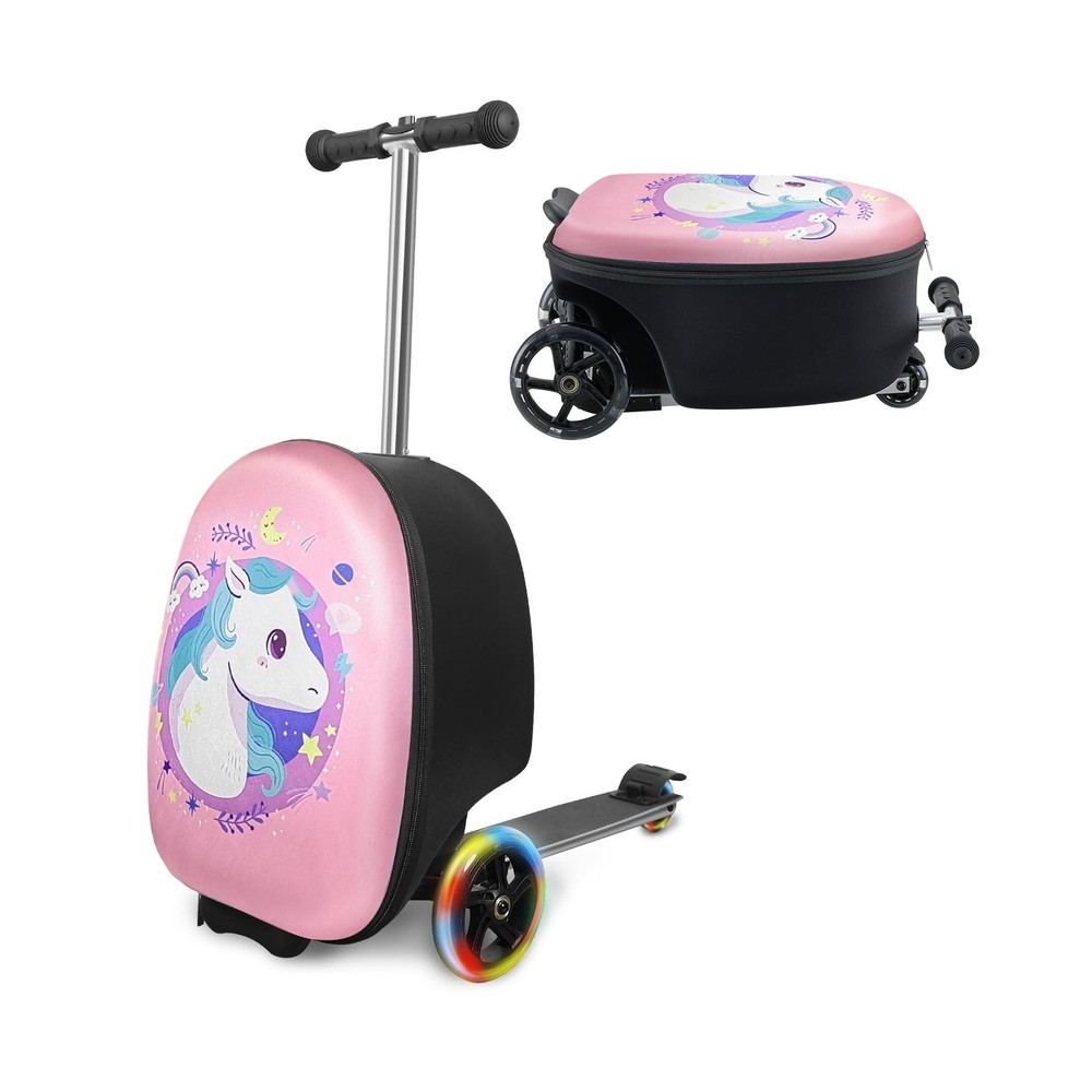 2-in-1 Kids Scooter Suitcase, 19in Large Capacity Ride-On Luggage with LED Li…