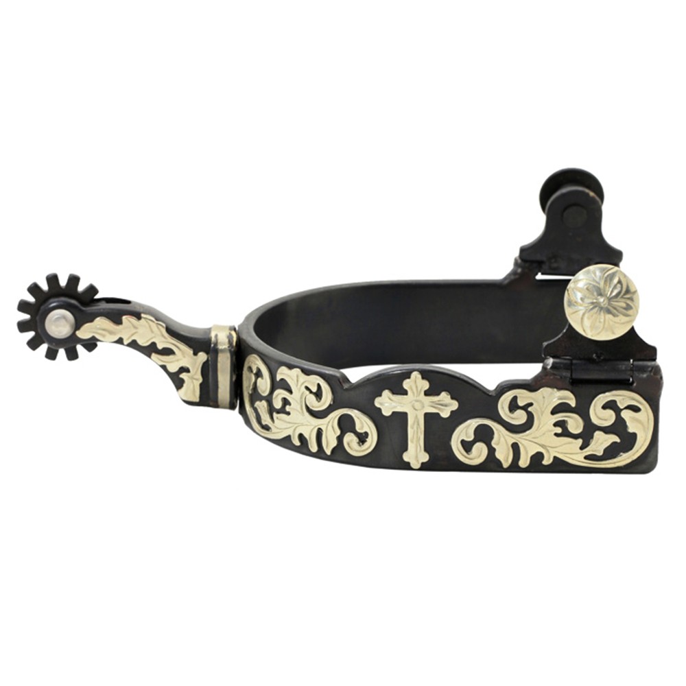 AI HILASON Western Horse Black Floral Cross Unisex Spur 3″ Band 1-3/4″ Shank
