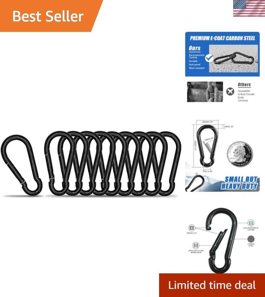 Small Carabiner Clip Hook, 1.57 inch 10 pcs Black Heavy Duty Spring Snap Hook…