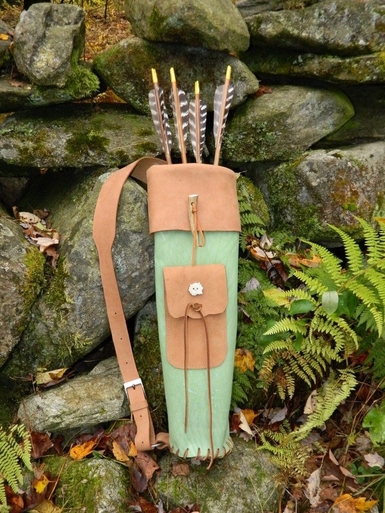 Handmade Green Leather traditional archery back quiver for arrows Antler Accents