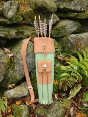 Handmade Green Leather traditional archery back quiver for arrows Antler Accents