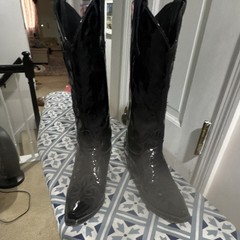 LANE Western Cowboy Boots Black Patent Leather Pointed Toe