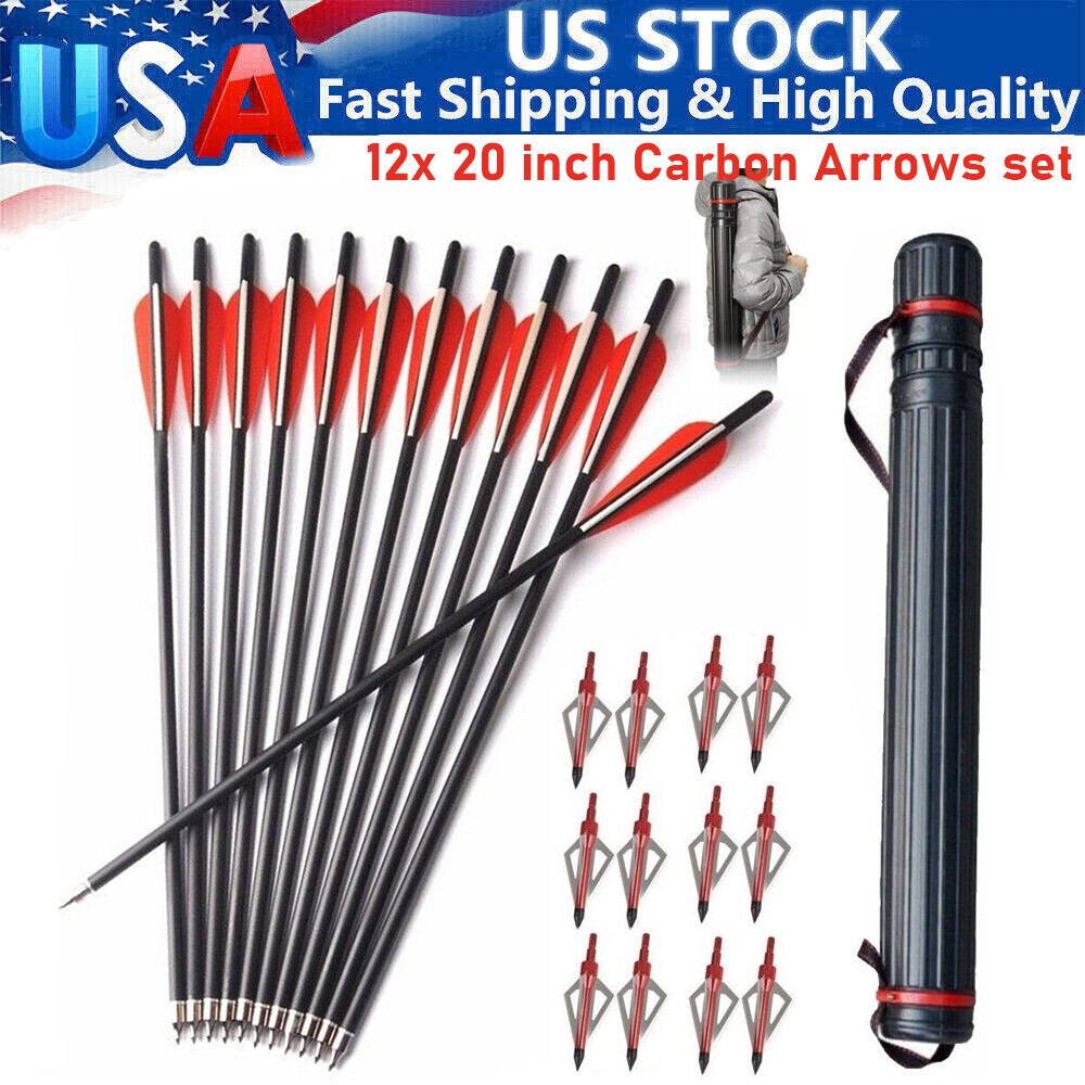 12x 20 inch Carbon Crossbow Bolts OD 8.8mm Archery Arrows / 100 Grain Broadhead