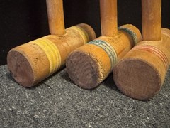 Set Of 3 Vintage Replacement Wooden Croquet Mallets 23” Handle Red, Yellow, Blue