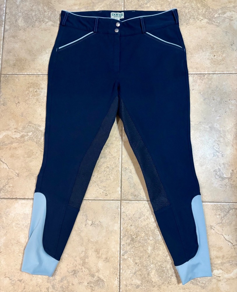 Dover Full Seat breeches- Size 32 Navy with Light blue piping