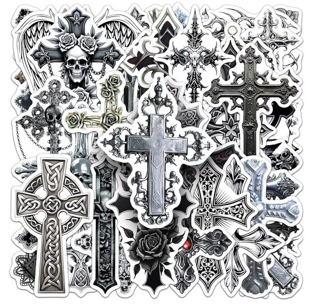 25Pcs Random Gothic Faith Cross Dark Retro Religious Decals Waterproof Stickers