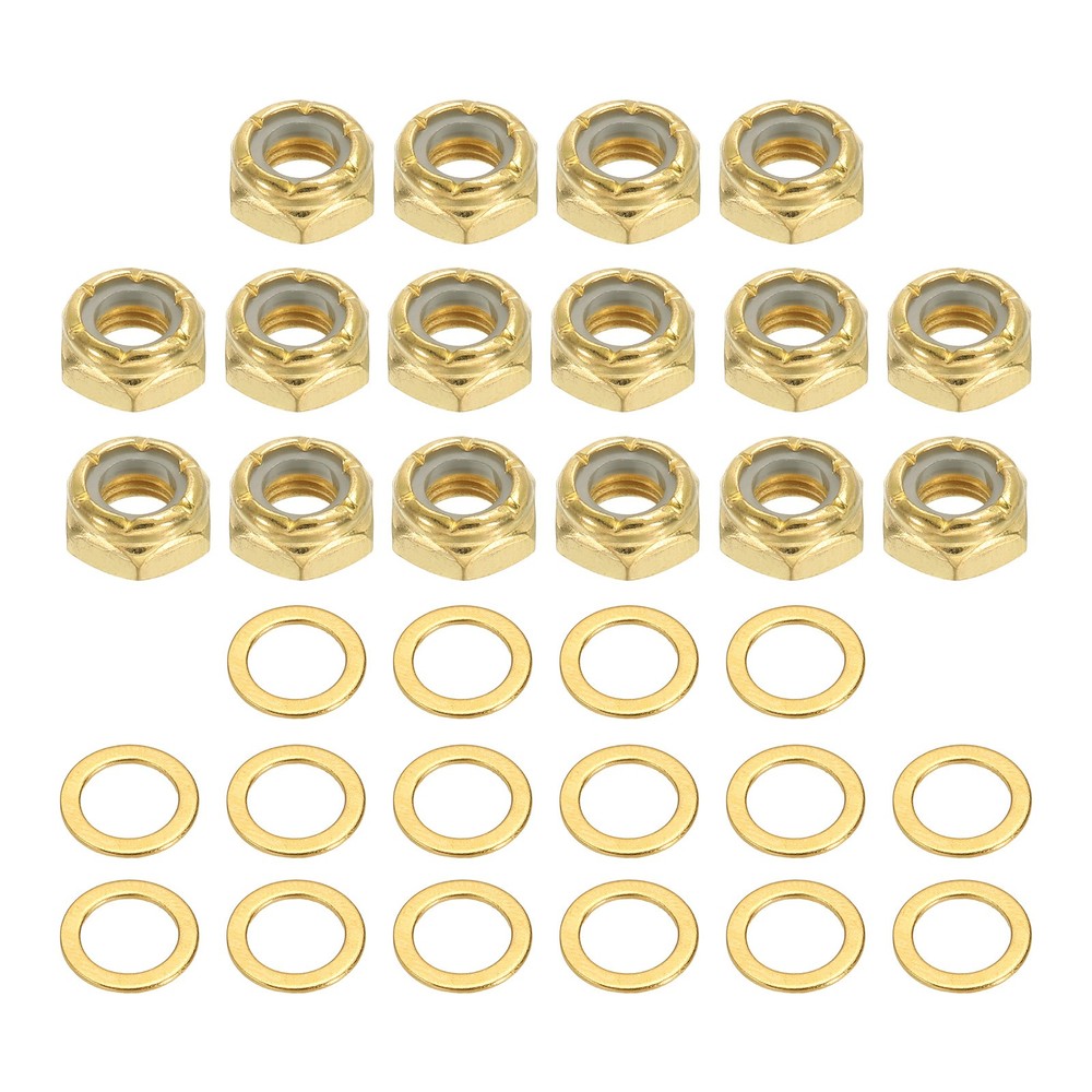 16 Pcs Skateboard Truck Nuts and 16 Pcs Truck Axle Washers, Gold