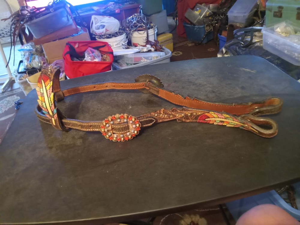 used leather headstall sliding ear feather bling
