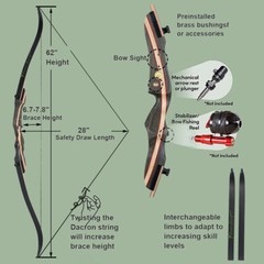 Archery 62″ Takedown Recurve Bow 20lbs-50lbs Wooden Riser Hunting Carbon Arrows