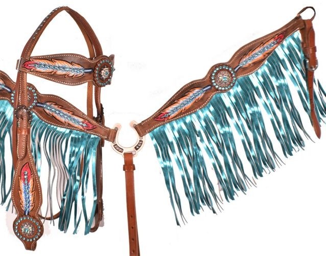 Headstall-Reins-Breastcollar Painted Feathers -Crystal Conchos-Turquoise Fringe