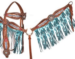 Headstall-Reins-Breastcollar Painted Feathers -Crystal Conchos-Turquoise Fringe