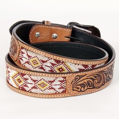 BE Bar H Equine Hand Carved Western Leather Belt Men Women Beaded