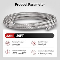 3AN PTFE Fuel Line Kit 20FT, AN3 E85 Stainless Steel Braided PTFE Fuel Hose
