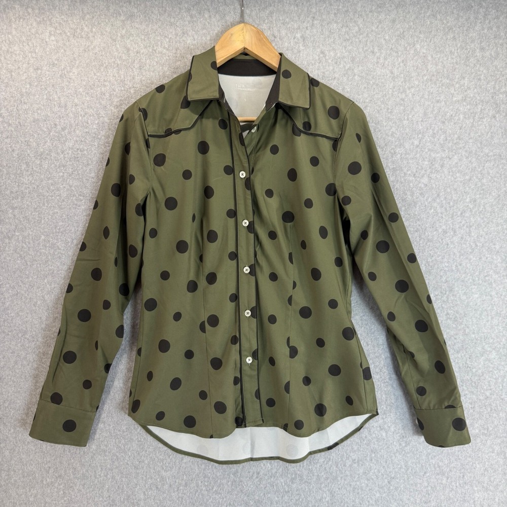 Dover Saddlery Button Front Riding Shirt Olive Green Polka Dot Equestrian Small