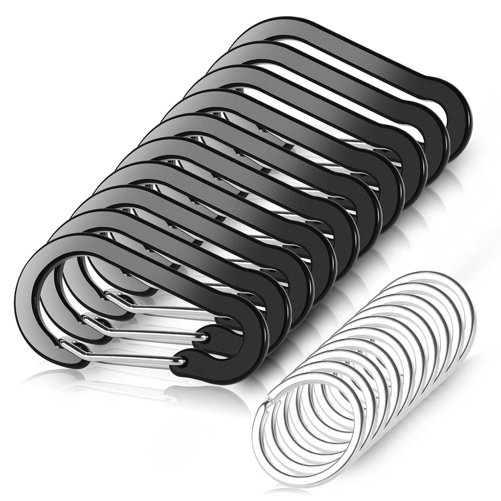 10 PCS Mini Carabiner Clips with Key Rings Aluminum D Shape Large, Black