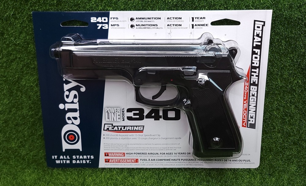 Daisy Powerline 340 BB Pistol, .177 Cal, 240FPS Spring Piston Black – 980340-342